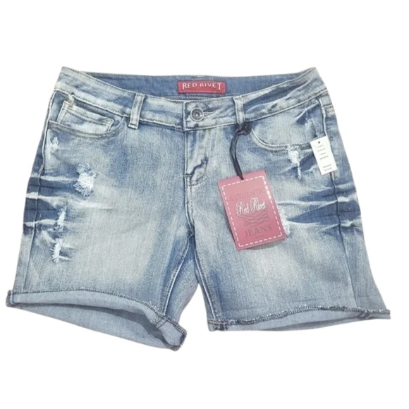 NEW Red Rivet Denim Shorts Cotten Stretch Blend Distressed Woman's Size 5 - Picture 1 of 10